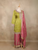 Olive Green and pink Zari Embroidered Design Tissue Silk Palazzo Suit