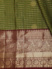 Olive Leaf Green Mini Checked Zari Woven Design Pure Kanchipuram Silk Saree with Contrast Peacock Zari Border
