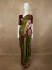 Olive Leaf Green Mini Checked Zari Woven Design Pure Kanchipuram Silk Saree with Contrast Peacock Zari Border
