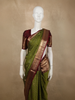 Olive Leaf Green Mini Checked Zari Woven Design Pure Kanchipuram Silk Saree with Contrast Peacock Zari Border