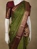 Olive Leaf Green Mini Checked Zari Woven Design Pure Kanchipuram Silk Saree with Contrast Peacock Zari Border