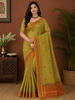 Olive Mustard Green Butta Woven Design Pure Cotton Saree with Contrast Zari Border