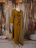 Olive Mustard Yellow Floral Thread Embroidered Design Cotton Straight Cut Salwar Suit with Contrast Dupatta