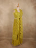 Olive Mustard Yellow Thread Embroidered Design Net Ready To Wear Saree With Over Coat