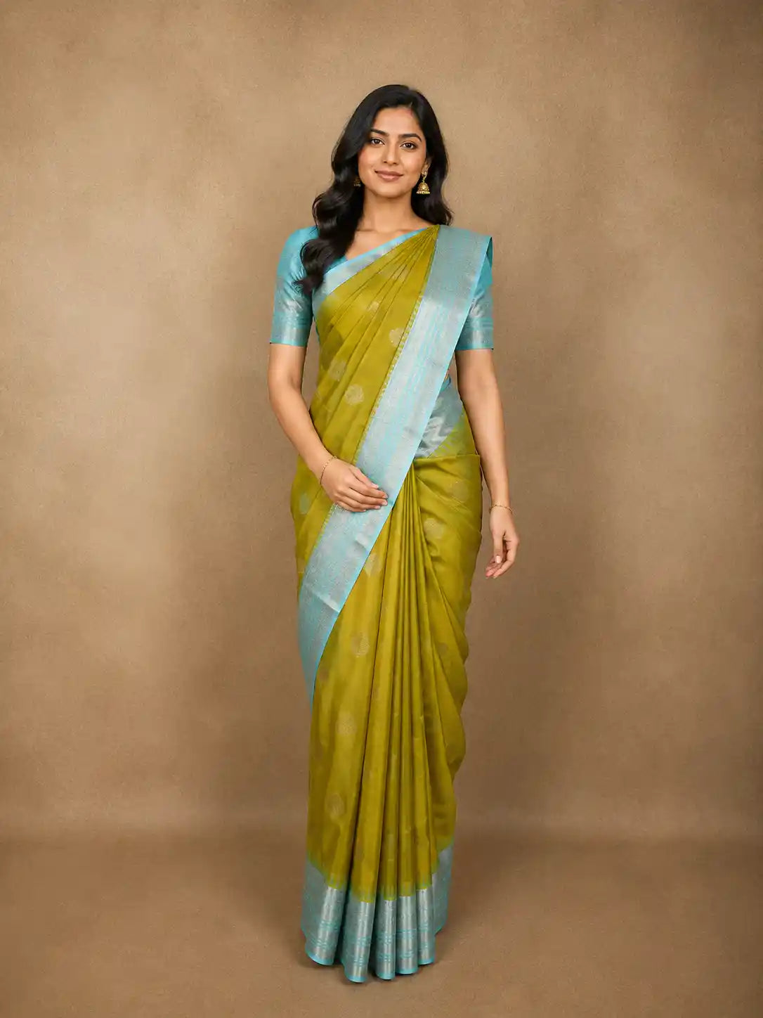 Olive Chartreuse Green Butta Zari Woven Design Pure Kanchipuram Silk Saree with Contrast Zari Border