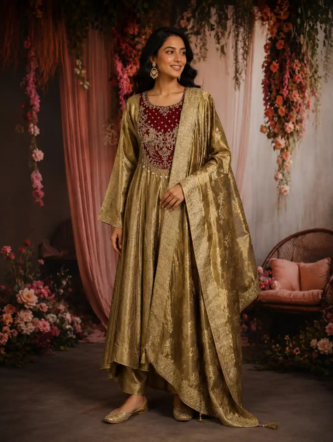 Olive Gold Floral Embroidered Tissue Organza Anarkali Suit with Jacquard Dupatta