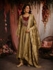 Olive Gold Floral Embroidered Tissue Organza Anarkali Suit with Jacquard Dupatta
