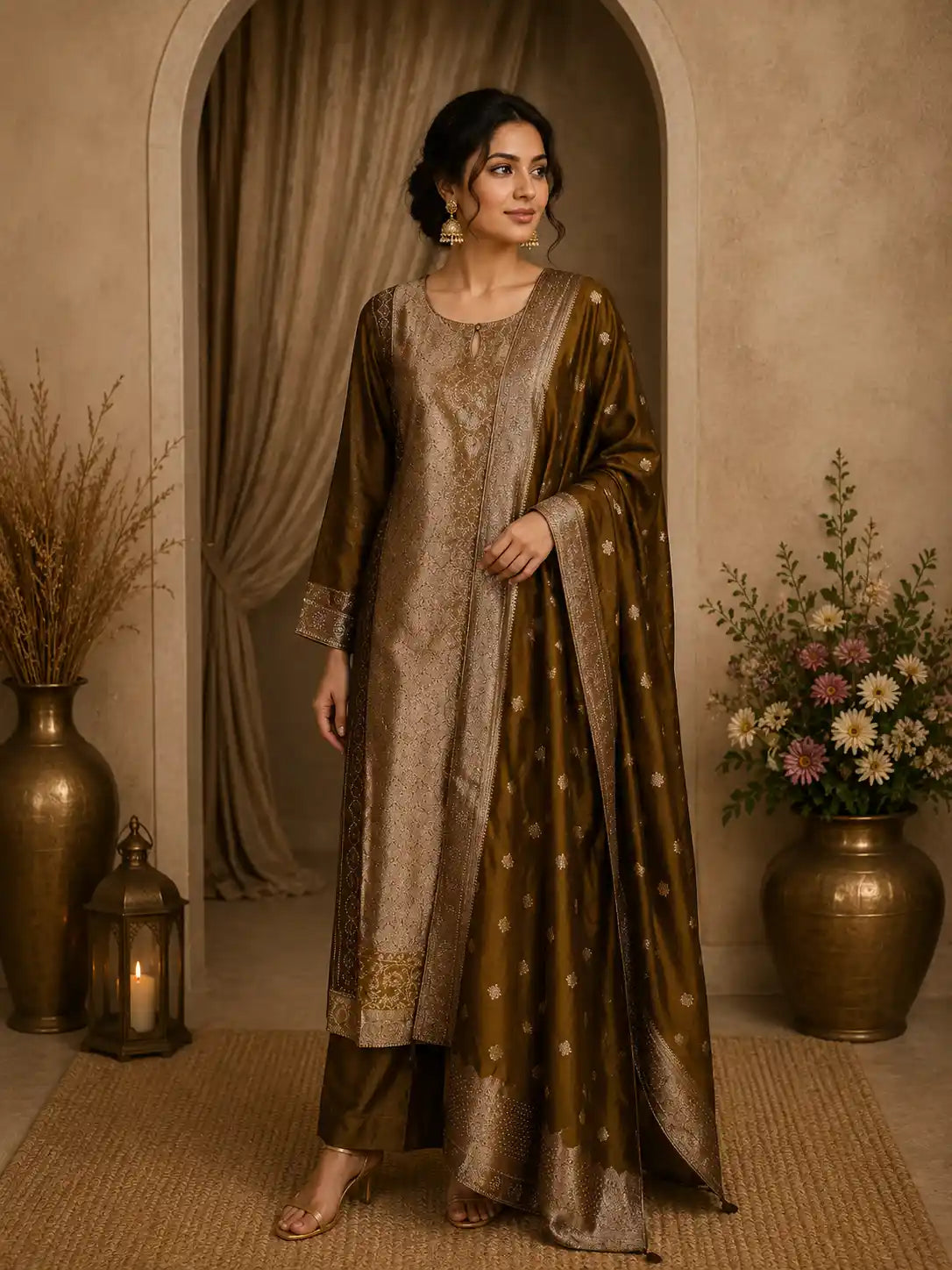 Olive Gold Zari Woven Design Silk Straight Suit with Dupatta
