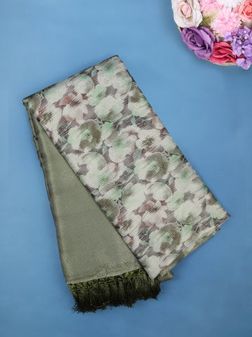 Olive Green Abstract Floral Digital Print Soft Silk Saree - Diadem