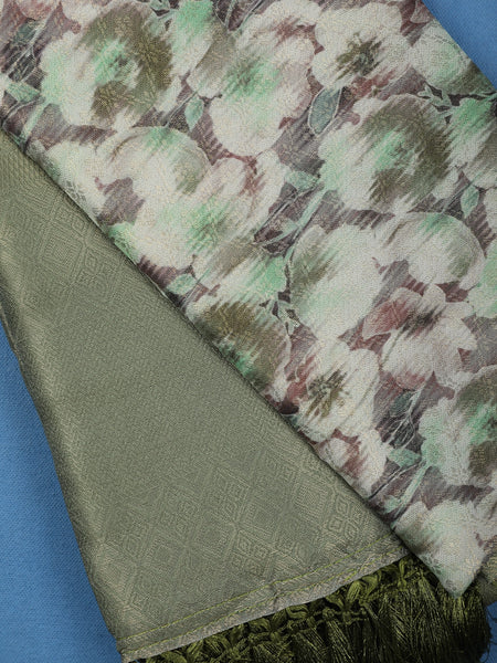 Olive Green Abstract Floral Digital Print Soft Silk Saree - Diadem