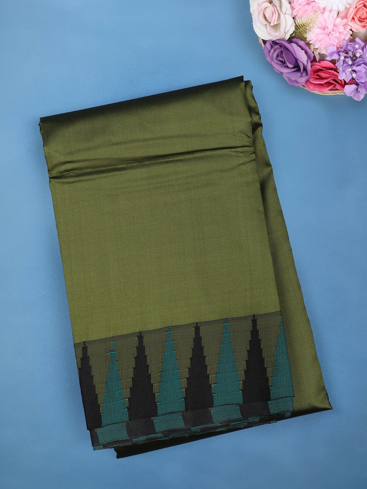 Olive Green Black and Teal Temple Motif Border Soft Silk Saree - Diadem