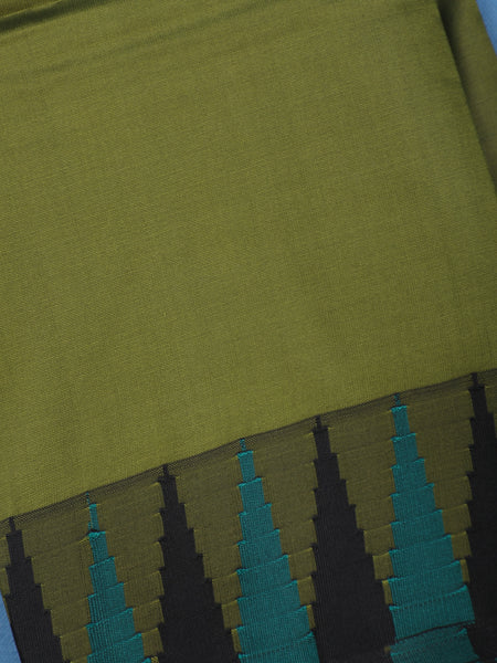 Olive Green Black and Teal Temple Motif Border Soft Silk Saree - Diadem