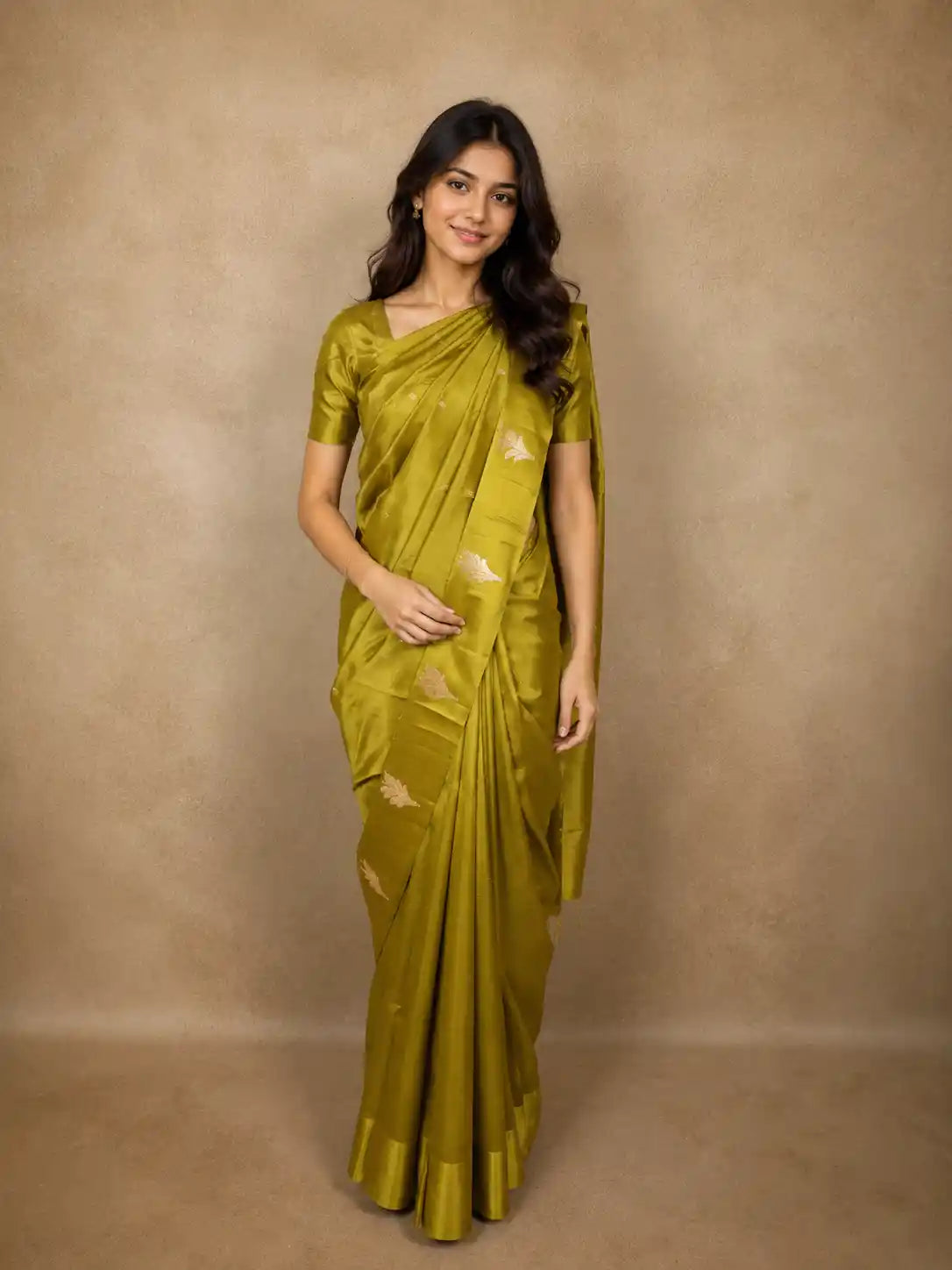 Olive Green Butta Zari Woven Design Pure Banarasi Silk Saree with Floral Zari  Border