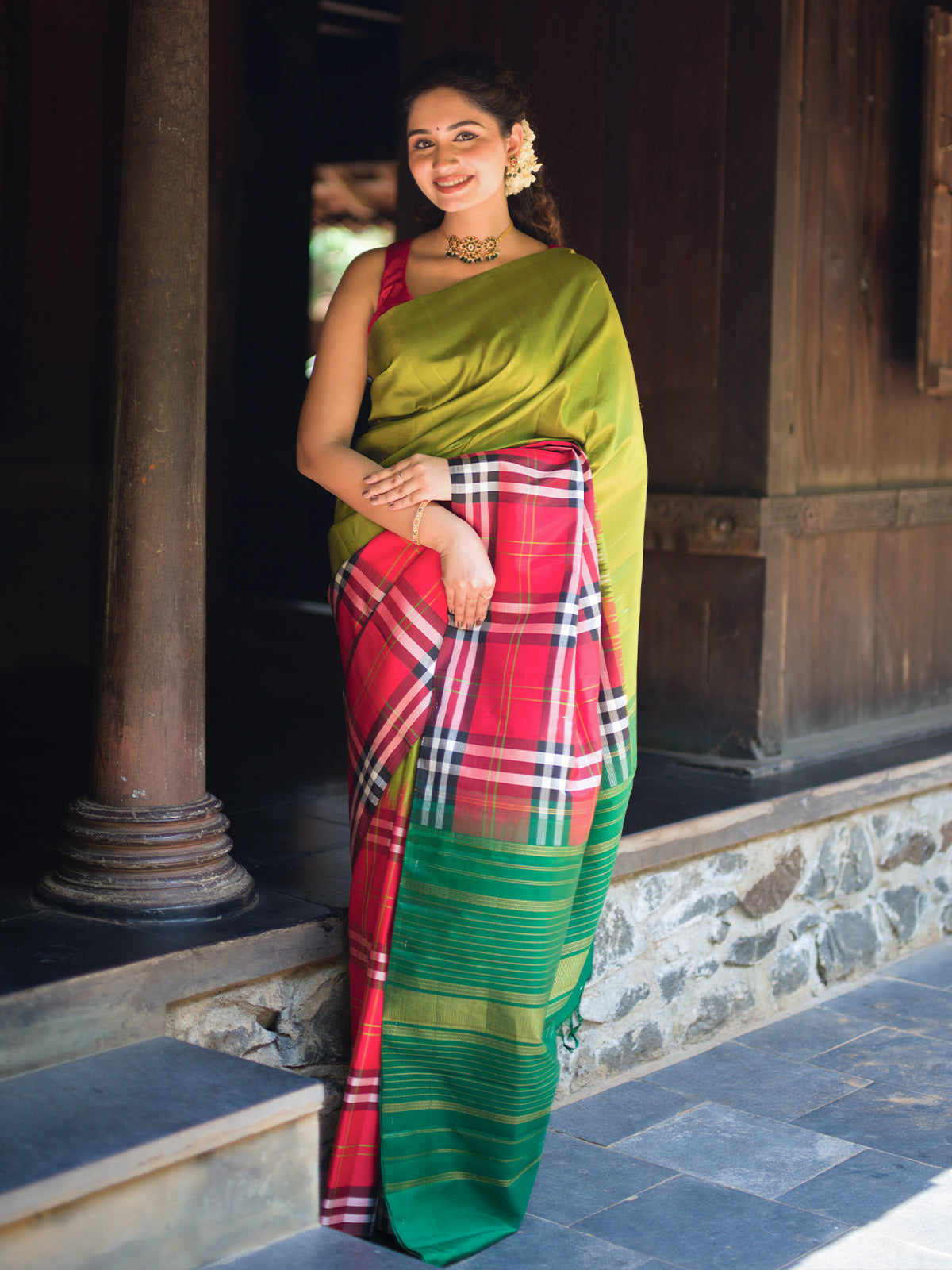 Olive Green Checked Woven Design Pure Kanchipuram Silk Saree with Contrast Checked Border