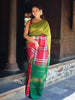 Olive Green Checked Woven Design Pure Kanchipuram Silk Saree with Contrast Checked Border