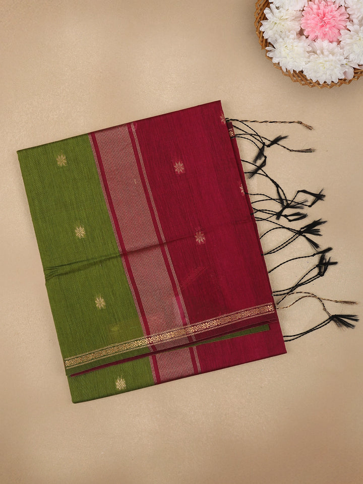 Olive Green Floral Butta Fancy Cotton Saree - Diadem