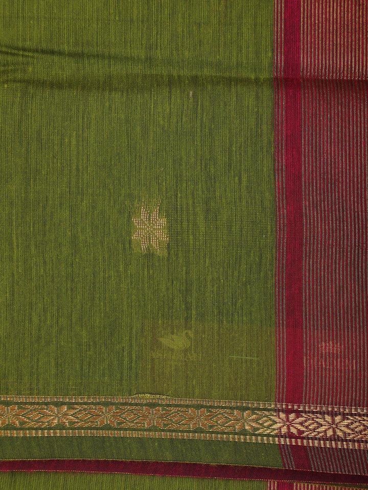 Olive Green Floral Butta Fancy Cotton Saree - Diadem