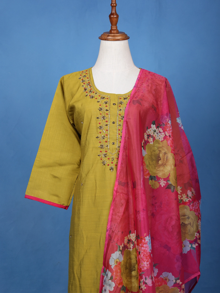 Olive Green Floral Embroidered Cotton Salwar Suit - Diadem