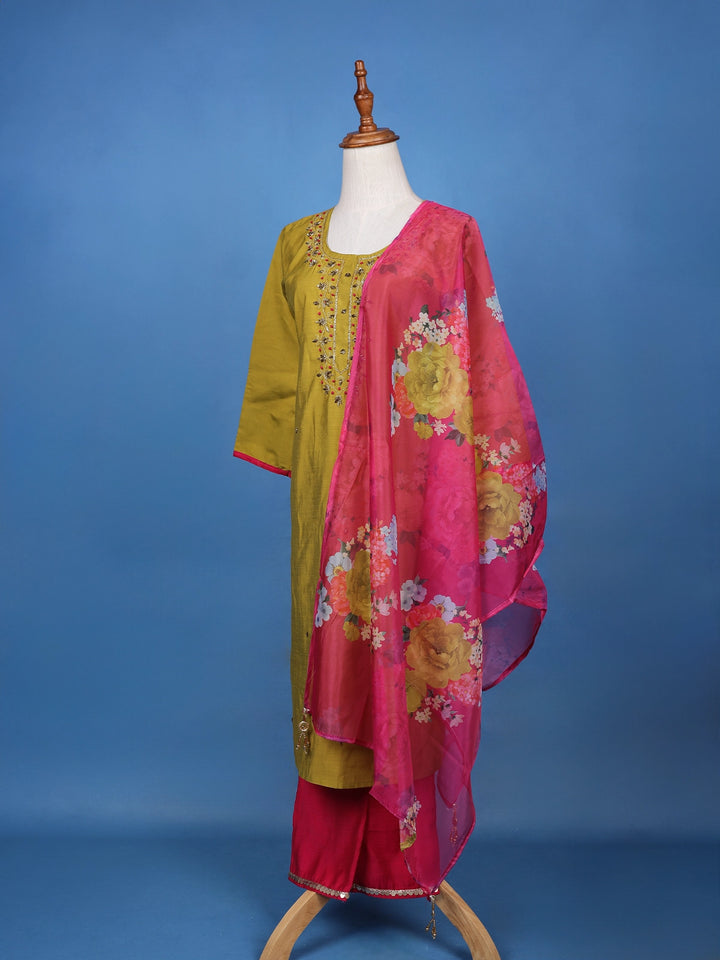 Olive Green Floral Embroidered Cotton Salwar Suit - Diadem