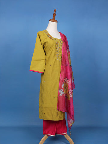 Olive Green Floral Embroidered Cotton Salwar Suit - Diadem