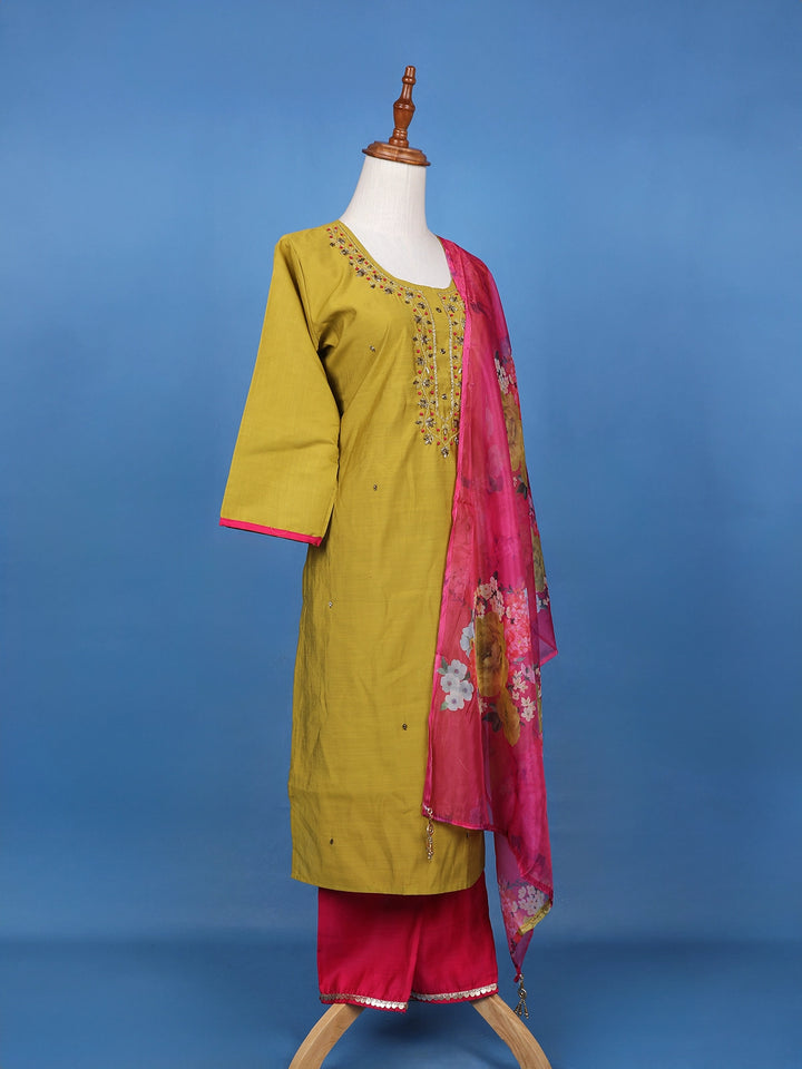 Olive Green Floral Embroidered Cotton Salwar Suit - Diadem