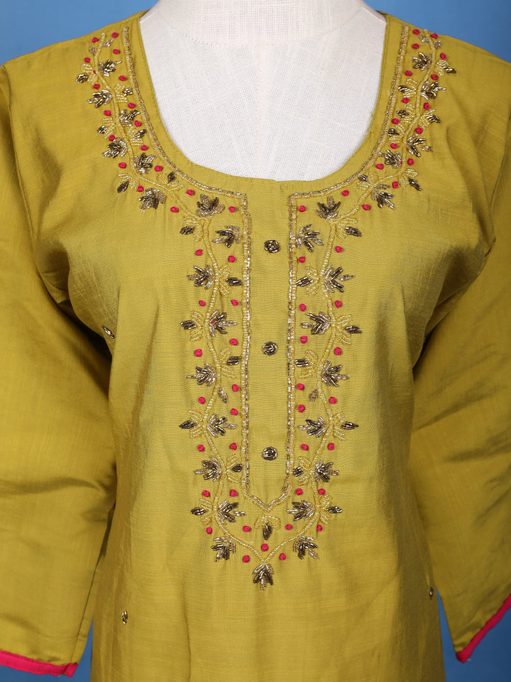 Olive Green Floral Embroidered Cotton Salwar Suit - Diadem