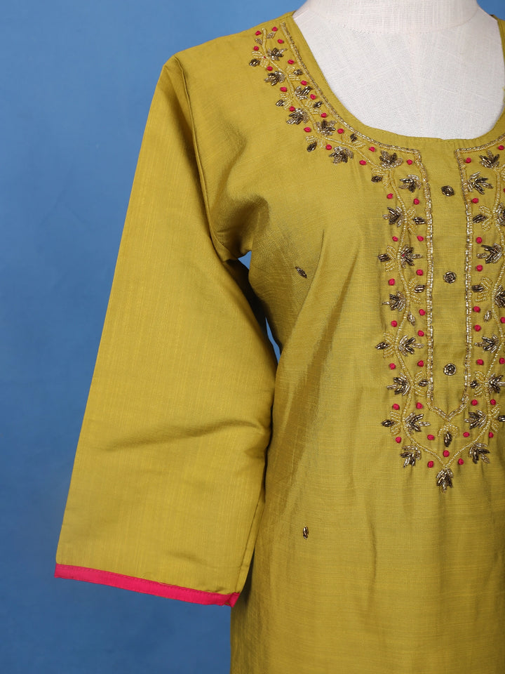 Olive Green Floral Embroidered Cotton Salwar Suit - Diadem