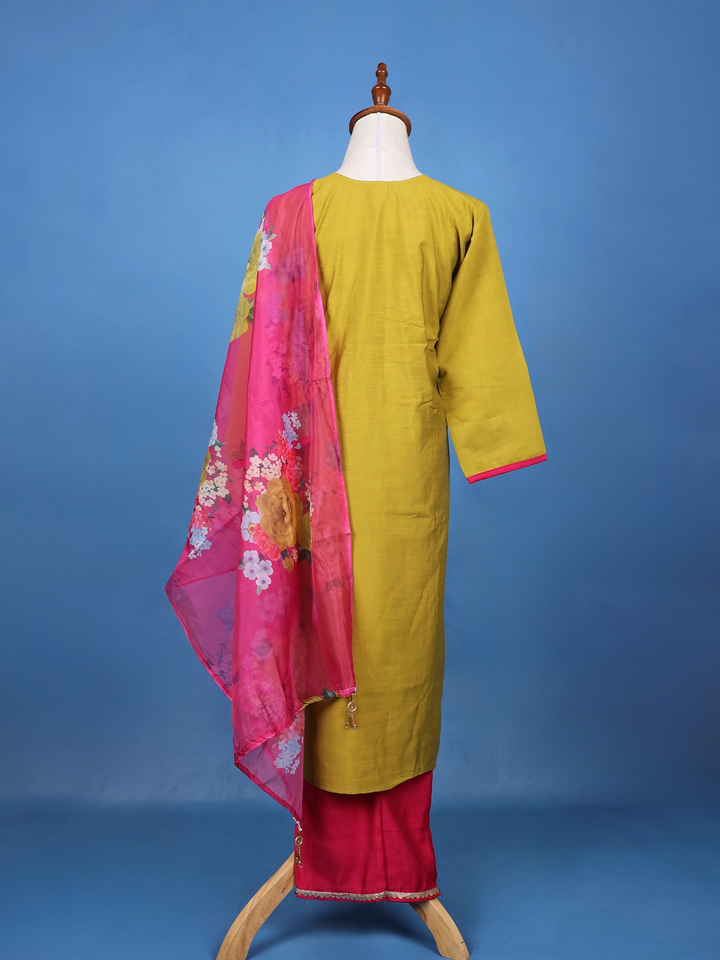 Olive Green Floral Embroidered Cotton Salwar Suit - Diadem