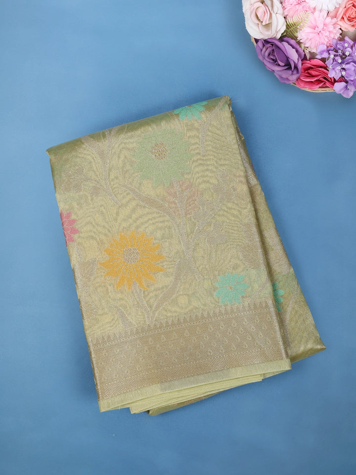 Olive Green Floral Design Tissue Silk Saree - Diadem