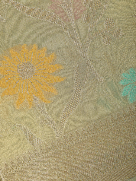 Olive Green Floral Design Tissue Silk Saree - Diadem