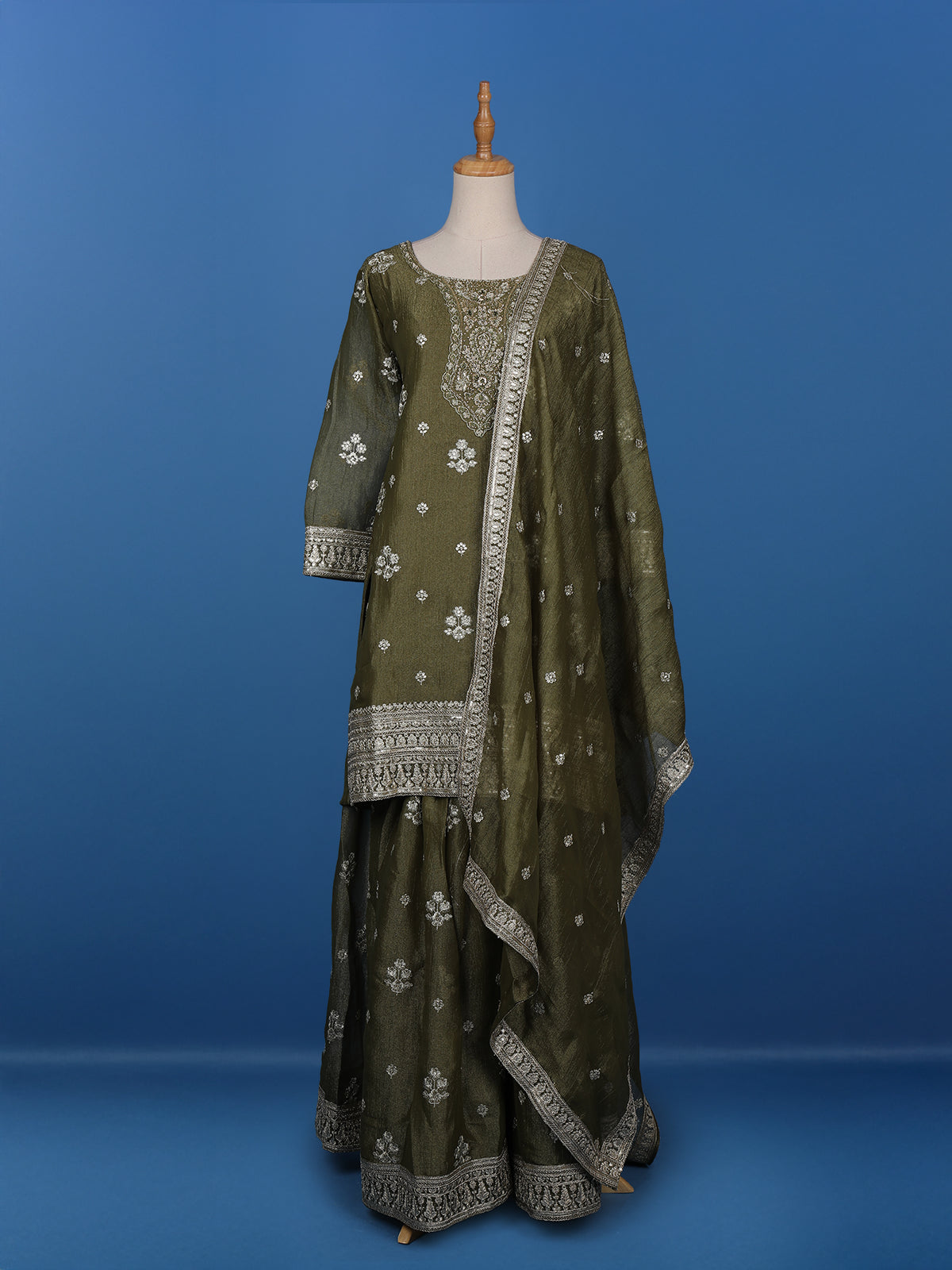 Olive Green Floral Designed Tissue Silk Salwar Suit - Diadem