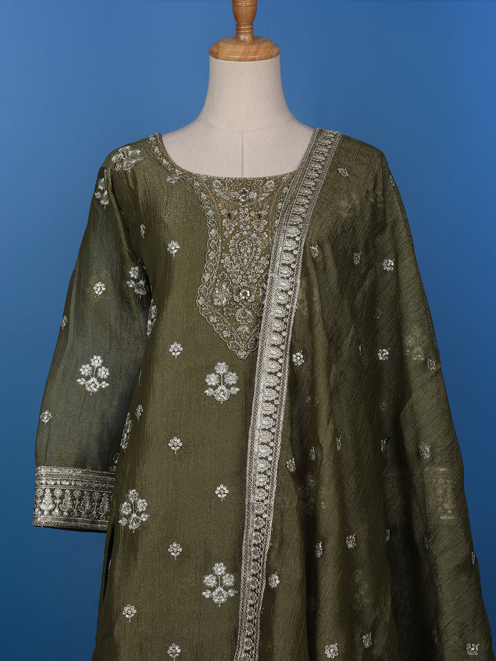 Olive Green Floral Designed Tissue Silk Salwar Suit - Diadem