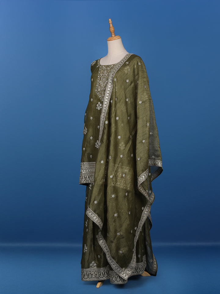 Olive Green Floral Designed Tissue Silk Salwar Suit - Diadem