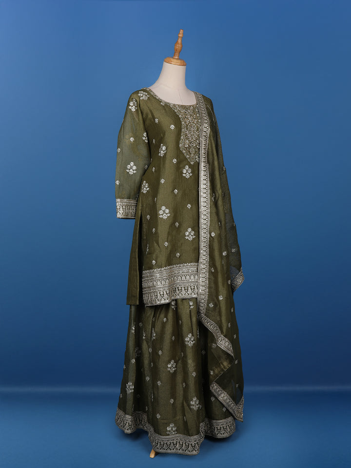 Olive Green Floral Designed Tissue Silk Salwar Suit - Diadem
