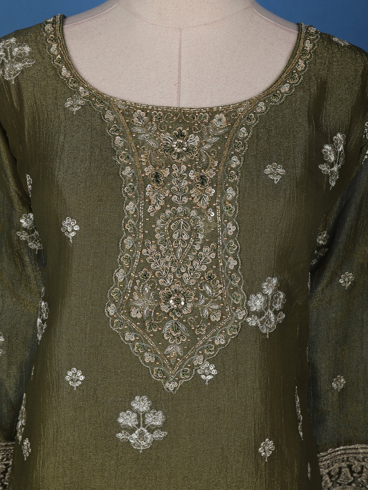 Olive Green Floral Designed Tissue Silk Salwar Suit - Diadem