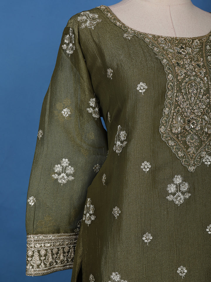 Olive Green Floral Designed Tissue Silk Salwar Suit - Diadem