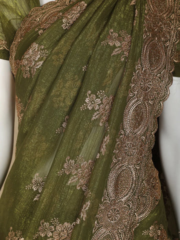 Olive Green Floral Embroidery Chiffon Silk Saree - Diadem
