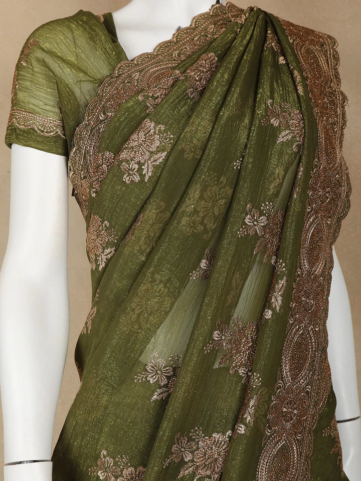 Olive Green Floral Embroidery Chiffon Silk Saree - Diadem