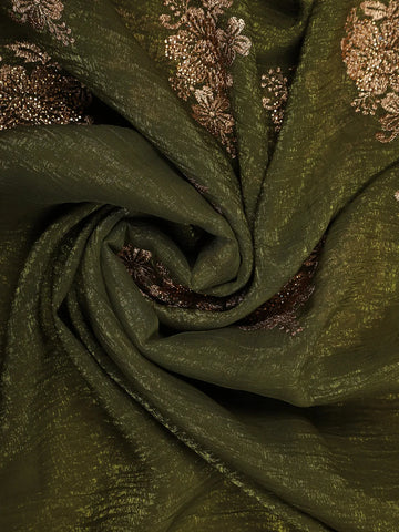 Olive Green Floral Embroidery Chiffon Silk Saree - Diadem