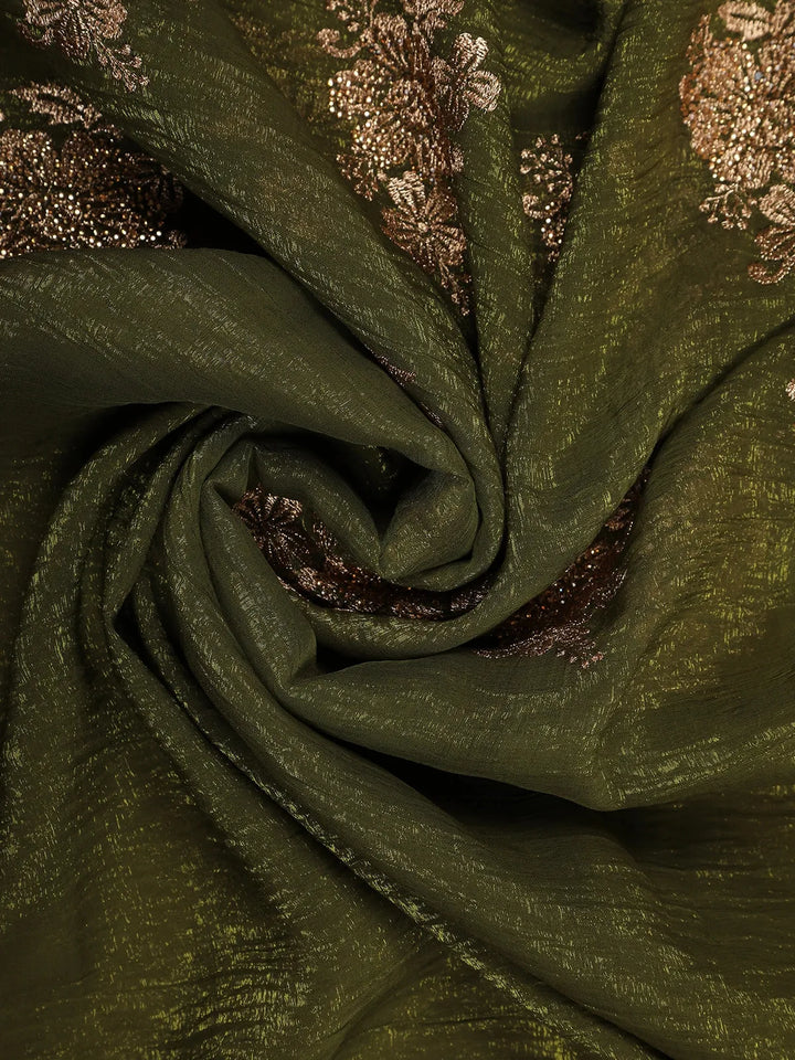 Olive Green Floral Embroidery Chiffon Silk Saree - Diadem