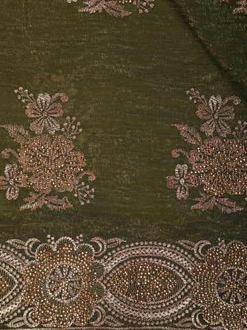 Olive Green Floral Embroidery Chiffon Silk Saree - Diadem