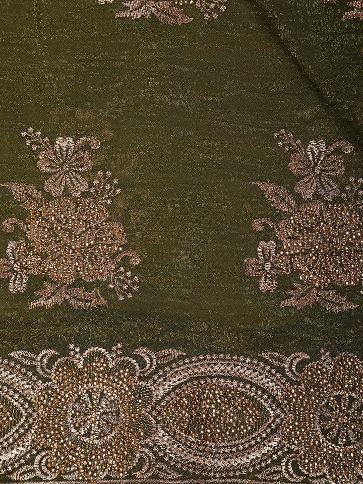 Olive Green Floral Embroidery Chiffon Silk Saree - Diadem