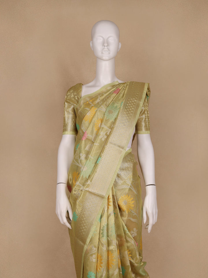 Olive Green Floral Motifs Semi Tissue Saree - Diadem