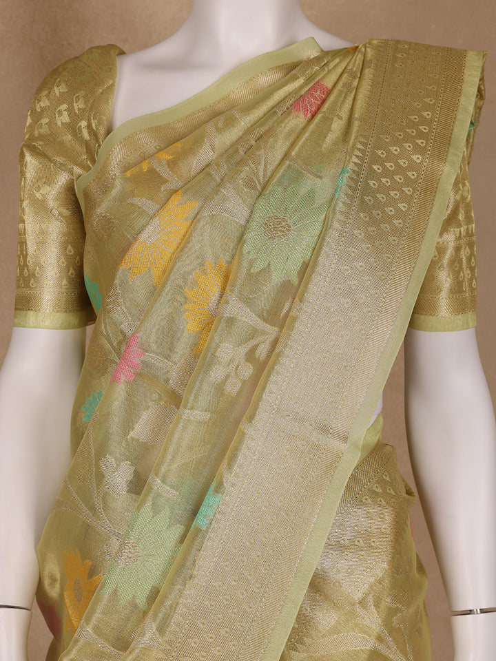Olive Green Floral Motifs Semi Tissue Saree - Diadem