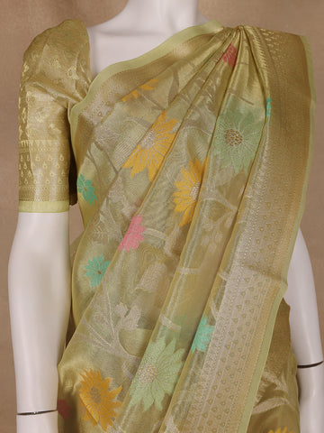 Olive Green Floral Motifs Semi Tissue Saree - Diadem