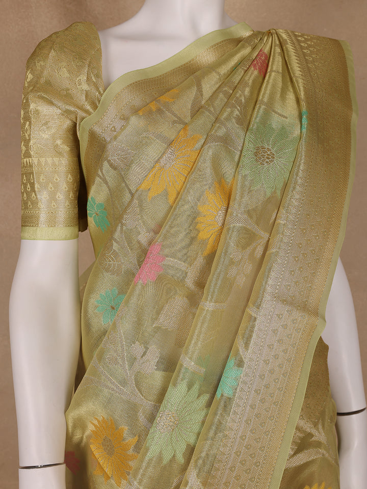 Olive Green Floral Motifs Semi Tissue Saree - Diadem