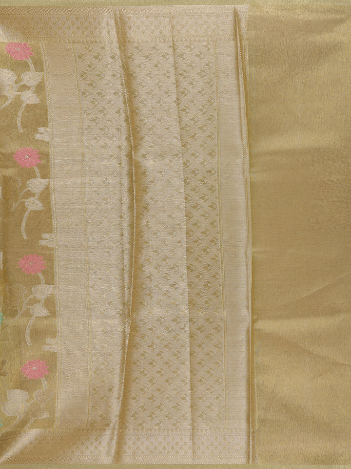 Olive Green Floral Motifs Semi Tissue Saree - Diadem