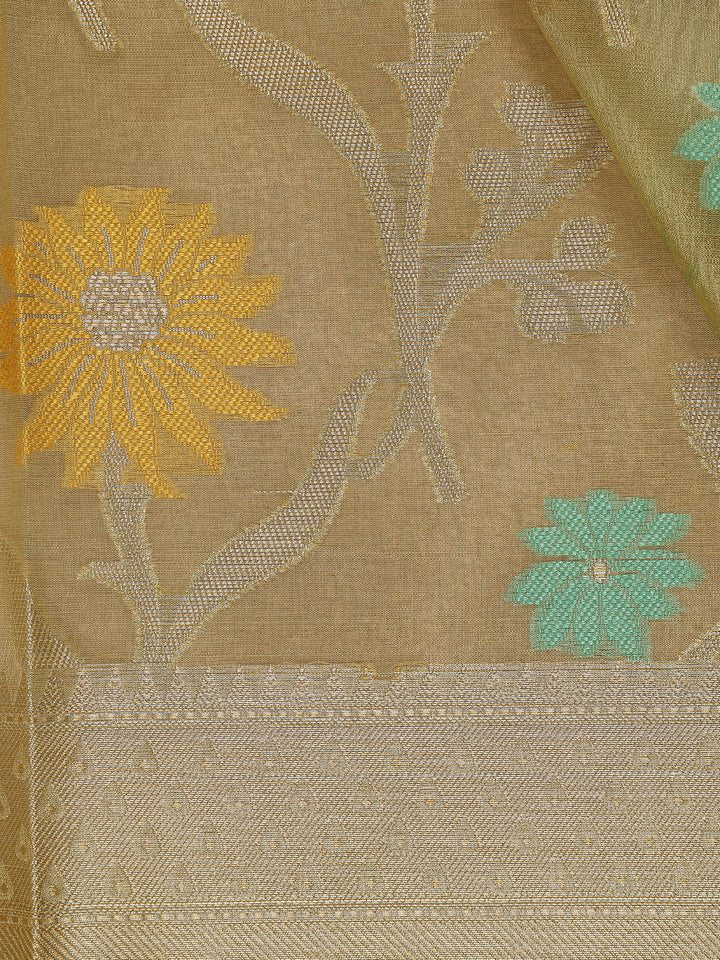 Olive Green Floral Motifs Semi Tissue Saree - Diadem