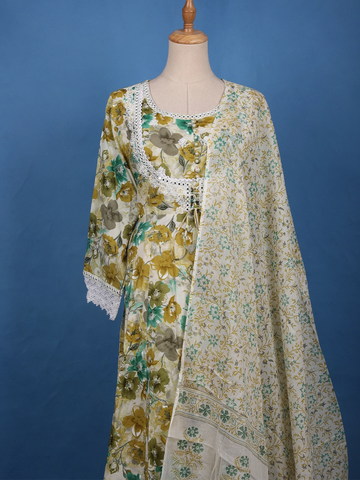 Olive Green Floral Printed Cotton Salwar Suit Set - Diadem