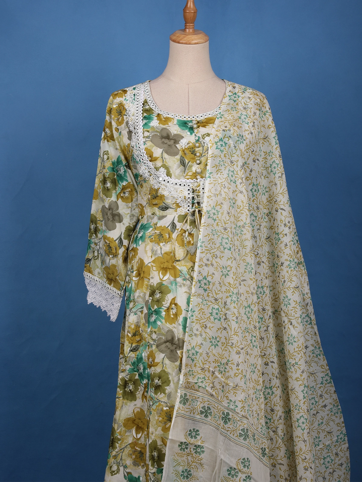 Olive Green Floral Printed Cotton Salwar Suit Set - Diadem